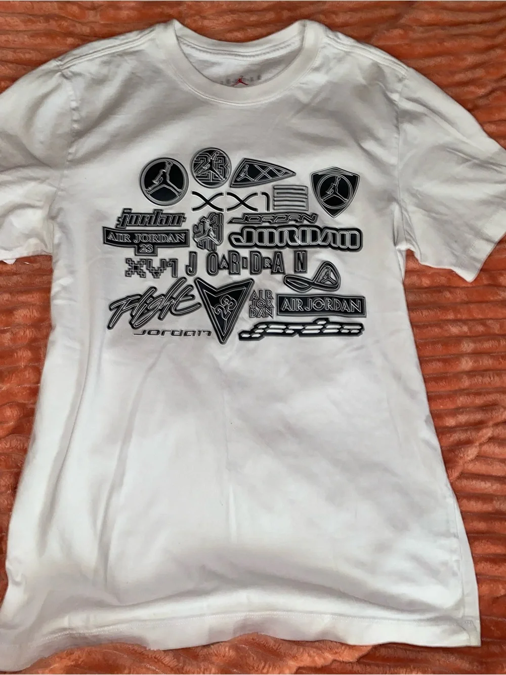 Jordan White Shorty Sleeve Tee with Black Graphic Logos like new